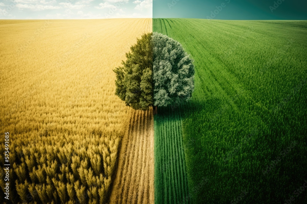 Poster combing through a wheat field from above. topics of agriculture and environmental impact. generative