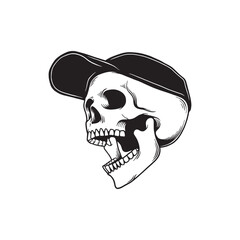 Illustration of skull in baseball cap. Design element for shirt design, logo, sign, poster, banner, card. Vector illustration