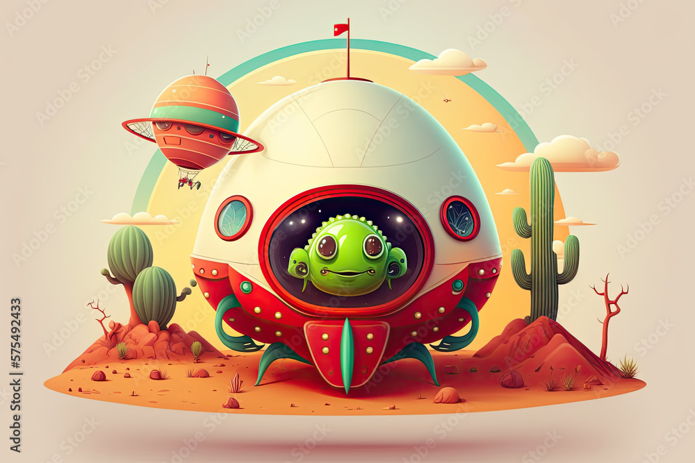 Poster amusing extraterrestrial spaceship above mars' surface. aerial cartoon illustration of a green alien
