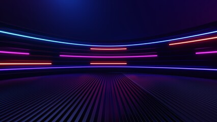 3d technology abstract neon light background, empty space scene, spotlight, dark night, virtual reality, cyber futuristic sci-fi background, street floor studio for mock up. colored geometric. © TANATPON