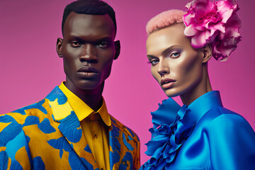 glamorous model couple looking at camera with colorful hair and wearing fashion clothes, generative AI.