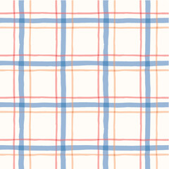 Cornflower Watercolor Hand-Drawn Windowpane Plaid Vector Seamless Pattern. Romantic Artistic Cottagecore Checks. Homestead Farmhouse Print. Pastel Summer Graphic Background