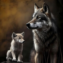 portrait of a wolf and Pup. Generative AI