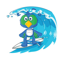 Obraz premium peacock surfing character. cartoon mascot vector