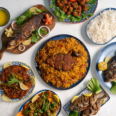 arabian seafood feast with rice, king fish salad shrimps white rice , Rabbitfish, 