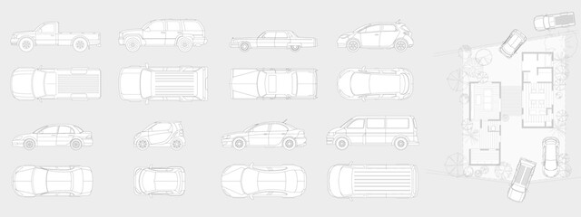 Vehicle elevation and top view vector flat illustration collection ideal for architectural design
