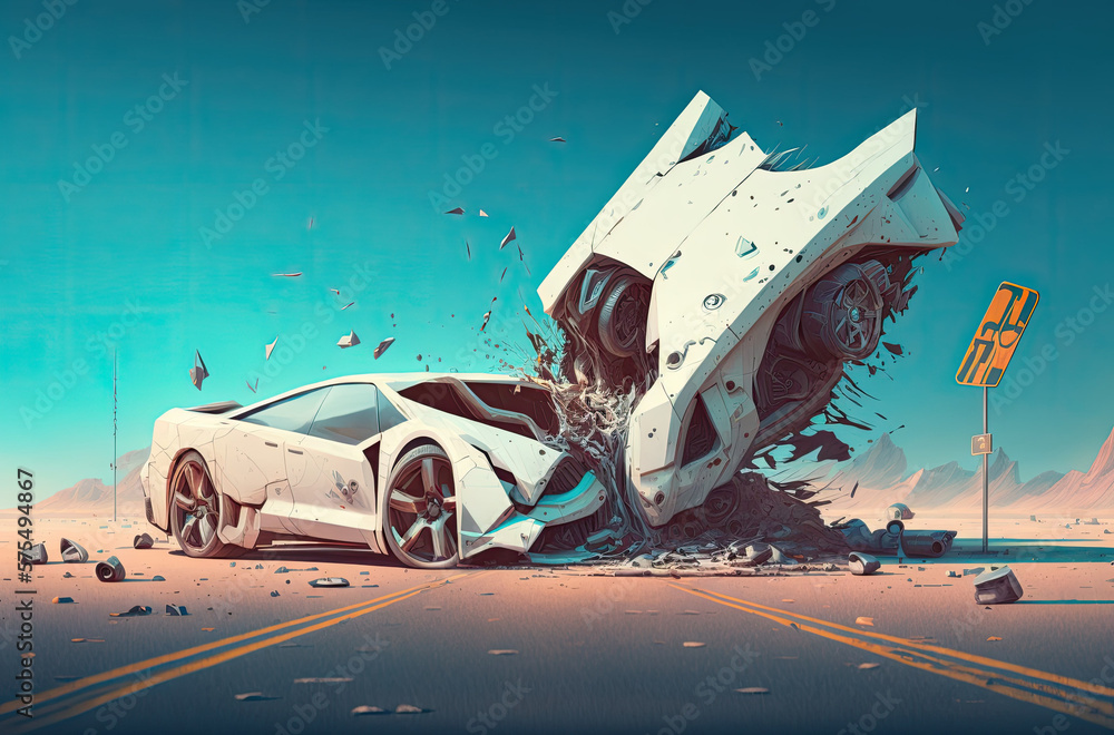 Poster luxury automobile left in ruins at the scene of the collision. collision with a car. infraction of t