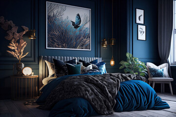 Modern bedroom interior, simple minimalist luxury bed, dark blue room design, soft sun light from window, generative ai