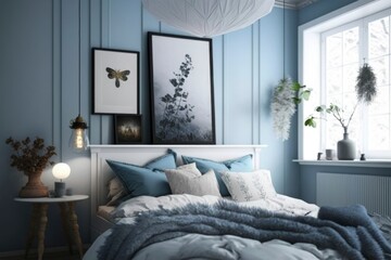 Modern bedroom interior, simple minimalist luxury bed, light blue room design, soft sun light from window, generative ai