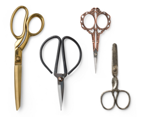 collection of four contemporary / modern and vintage scissors, isolated design elements, top view / flat lay
