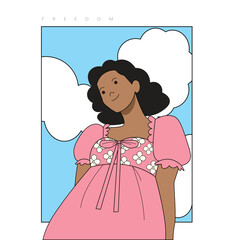 Woman looking at the sky imagine the future. Woman wallpaper. International Women's Day. Girl with pink dress and a sky background. Hand Made Vector. Character.