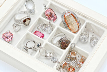 Elegant in white jewelry box, closeup