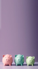 A display of money with piggy banks is featured on a simple, minimalist, pastel background with copy space for text. Generative AI