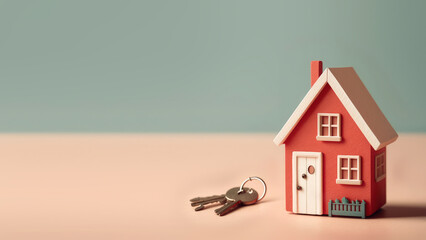 A mini wooden red house and keys are displayed on a simple, minimalist, pastel background with copy space for text. Generative AI.