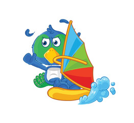 Plakat peacock windsurfing character. mascot vector