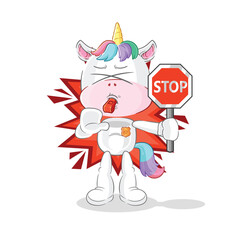 unicorn holding stop sign. cartoon mascot vector
