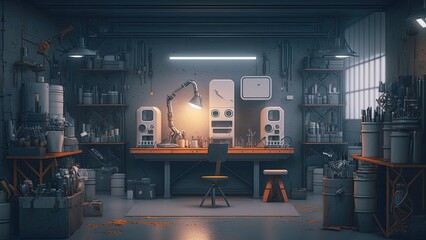 Generative AI - Workshop 053: A digital painting of a futuristic workshop