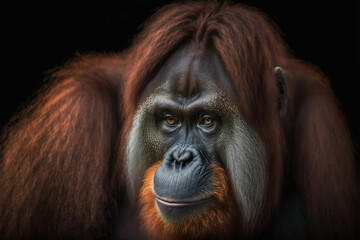 Close up of an orangutan, Borneo, Indonesia. macro face orang utan, Generative AI