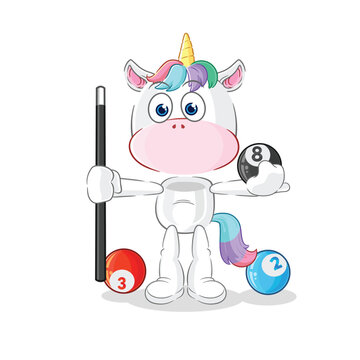 unicorn plays billiard character. cartoon mascot vector