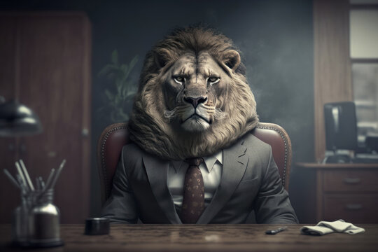 Business man suit with lion head sit at office abstract background. Generative ai