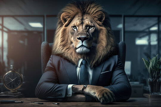 Business man suit with lion head sit at office abstract background. Generative ai