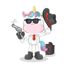 unicorn mafia with gun character. cartoon mascot vector