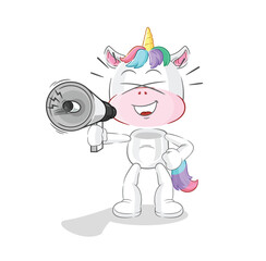 unicorn holding hand loudspeakers vector. cartoon character