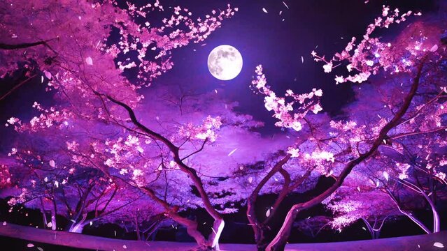 ライトアップされた夜桜 月明り 桜 桜の花びら 舞う 満開 ループ シームレス