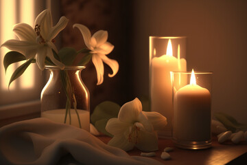 Candle light and flower in spa room abstract background. Relaxation concept. Generative ai