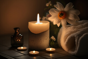 Obraz na płótnie Canvas Candle light and flower in spa room abstract background. Relaxation concept. Generative ai