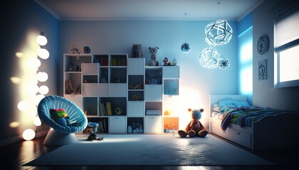 The fun and colorful kids' room is equipped with a comfortable bed, soft pillows, cozy blankets, sturdy bunk beds, spacious dressers, GENERATIVE AI