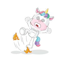 unicorn slipped on banana. cartoon mascot vector