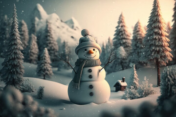 Obraz premium Snowman forest and mountain abstract background. Christmas concept. Generative ai
