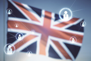 Double exposure of abstract virtual social network icons on British flag and blue sky background. Marketing and promotion concept - obrazy, fototapety, plakaty