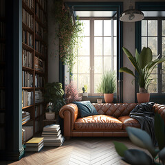 modern living room with library