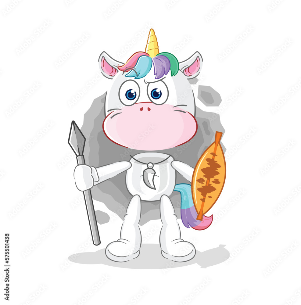 Sticker unicorn african tribal fighter mascot. cartoon vector