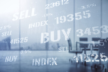 Fototapeta premium Double exposure of abstract creative financial chart hologram on a modern meeting room background, research and strategy concept