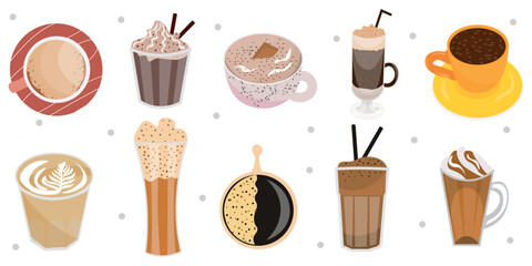 Set of different coffee beverages on white background
