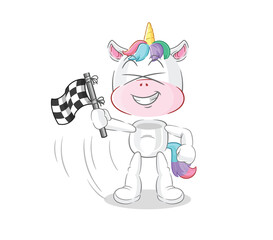 unicorn hold finish flag. cartoon mascot vector