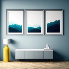 Interior poster mock up in living room with white wall, three vertical empty wooden frames, blue sofa, plant, and light. Generative AI