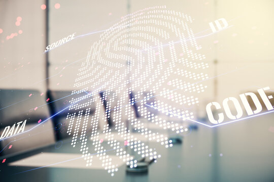 Abstract virtual fingerprint hologram on a modern conference room background. Multiexposure