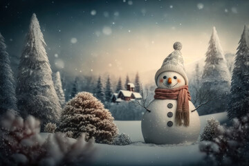 Obraz premium Snowman forest and mountain abstract background. Christmas concept. Generative ai