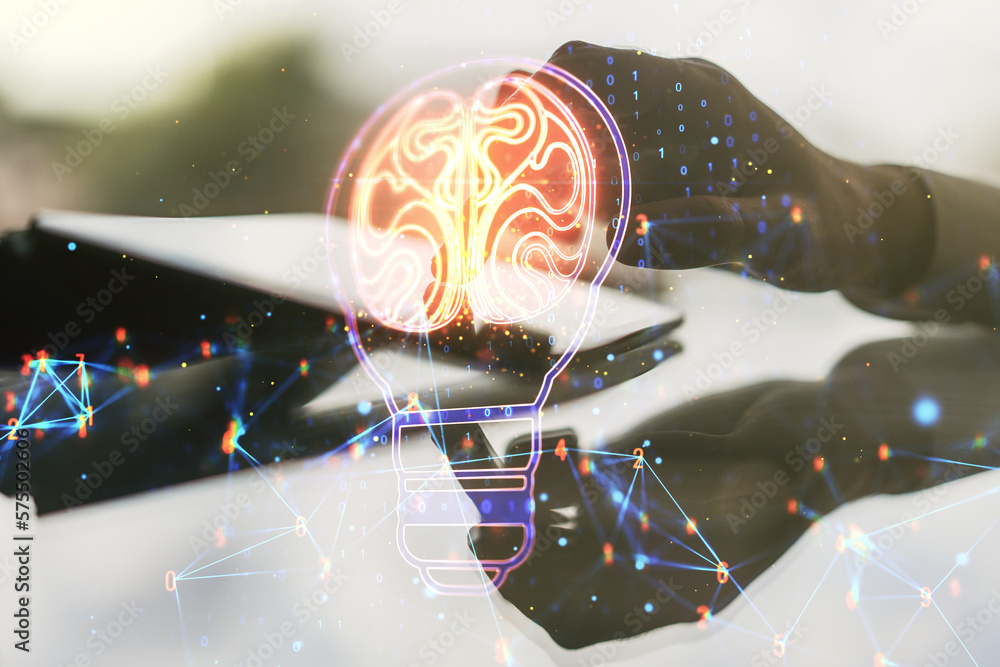 Poster creative idea concept with light bulb and human brain illustration and with finger clicks on a digit