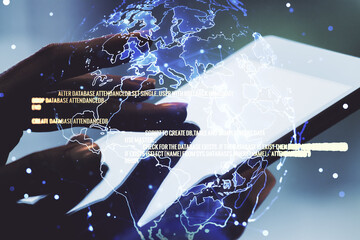 Abstract creative coding illustration with world map and finger clicks on a digital tablet on...