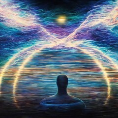 Generative AI,concept of psychic waves and search for astral travel of an unrecognizable person in the water looking at the sky between halos of light and static in an irrational and electrical way