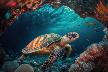 Naklejka na ściany i meble Sea turtle swim under ocean with colorful coral abstract background. animal and nature environment concept. Generative ai