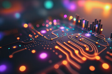 Abstract background of technology digital line and colorful bokeh. Graphic art design. Generative ai