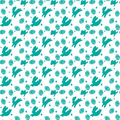 Trendy typographic vector composition with background seample pattern with bunny, eggs, flowers and spring related elements. Perfect for a social media post, egg hunt design, poster, cover or postcard