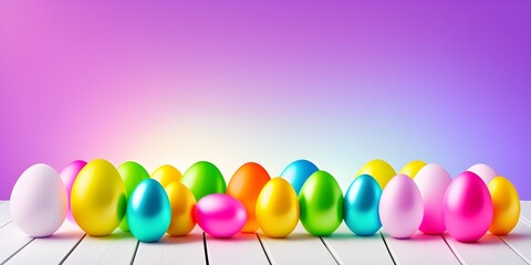 A row of Easter eggs on a colorful background. Multi-colored eggs in the decor. Generative AI