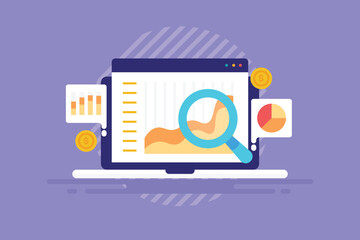 Business analytics dashboard on laptop screen, financial and market data, seo statistics monitoring flat design vector illustration.